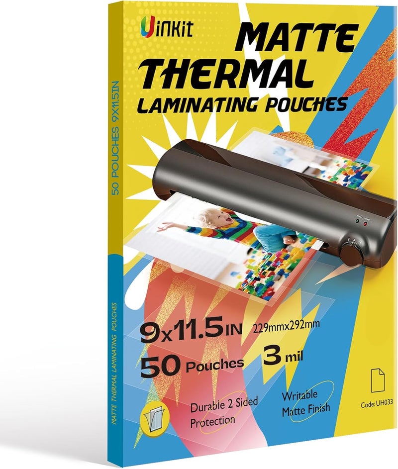 Uinkit Matte Thermal Laminating Pouches, 9 x 11.5 Inches 3 Mil Thick Clear Anti-Glare with Matte Finish 50 Pack Fitted for Letter Size Laminating Sheets 8.5 x 11 - Image 1